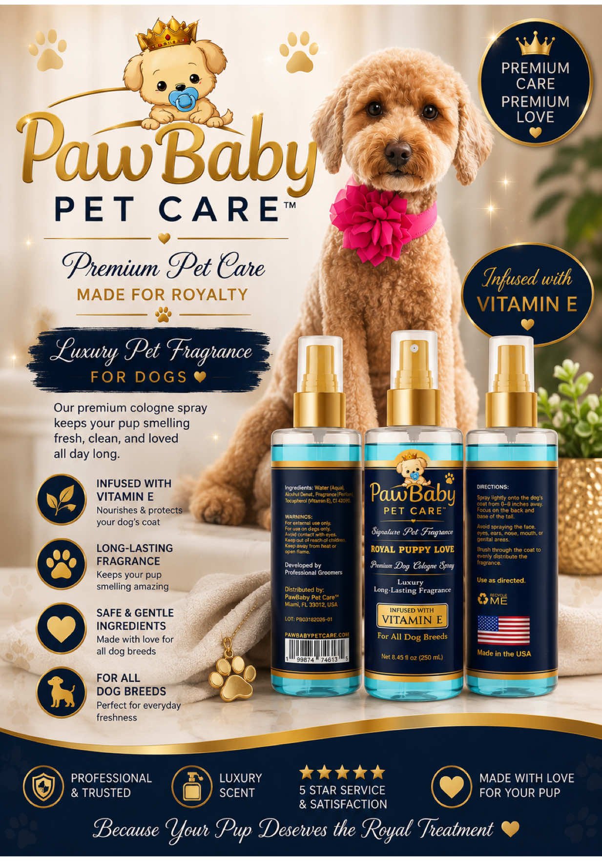 Royal Puppy Love by PawBaby Pet Care™ Long-lasting fragrance infused with Vitamin E. For dogs who deserve luxury. ##PawBabyPetCare##RoyalPuppyLove##DogCologne##PetPerfume##DogGrooming